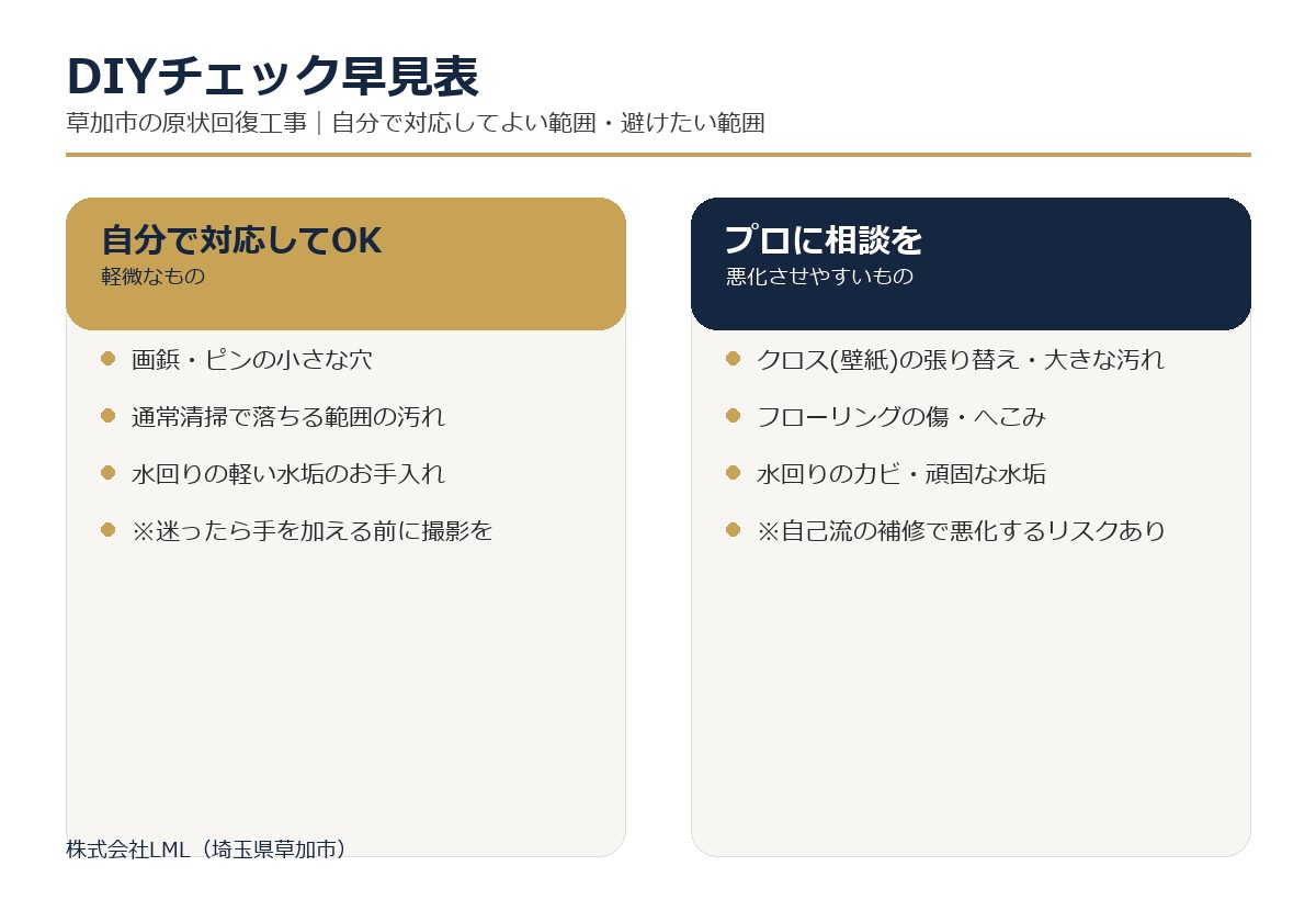 DIYで対応してよい範囲とプロに任せるべき範囲を示した比較図解