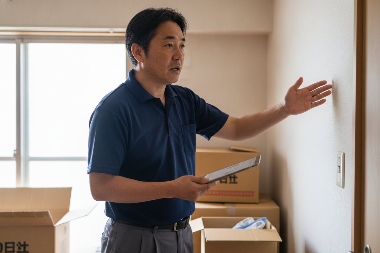 原状回復工事の対象範囲について室内で説明する株式会社LML代表・島田昌幸