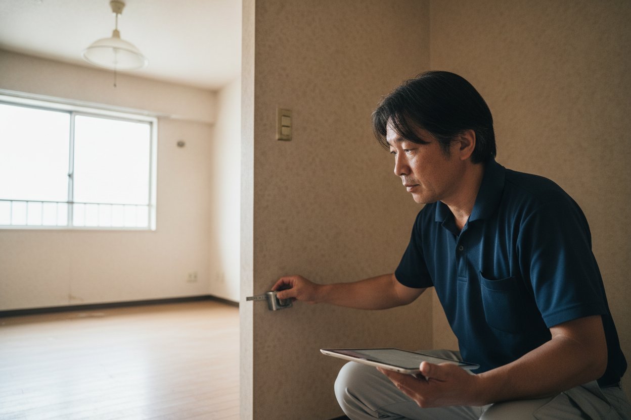 退去後のアパート室内で原状回復工事の現地調査を行う株式会社LML代表・島田昌幸