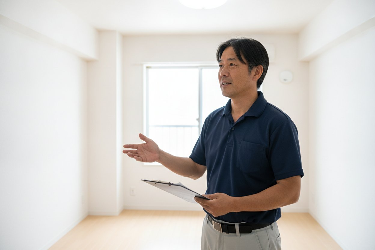 原状回復工事完了後、明るくきれいになった室内で仕上がりを確認する株式会社LML代表・島田昌幸