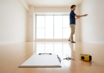 退去後の空室に置かれたチェックシートと鍵、メジャー。退去立会いで室内を確認するイメージ