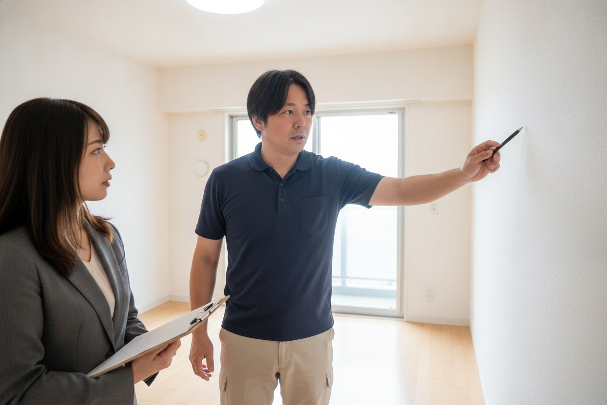 空室の退去立会いで管理会社の担当者と壁の状態を確認する株式会社LML代表・島田昌幸