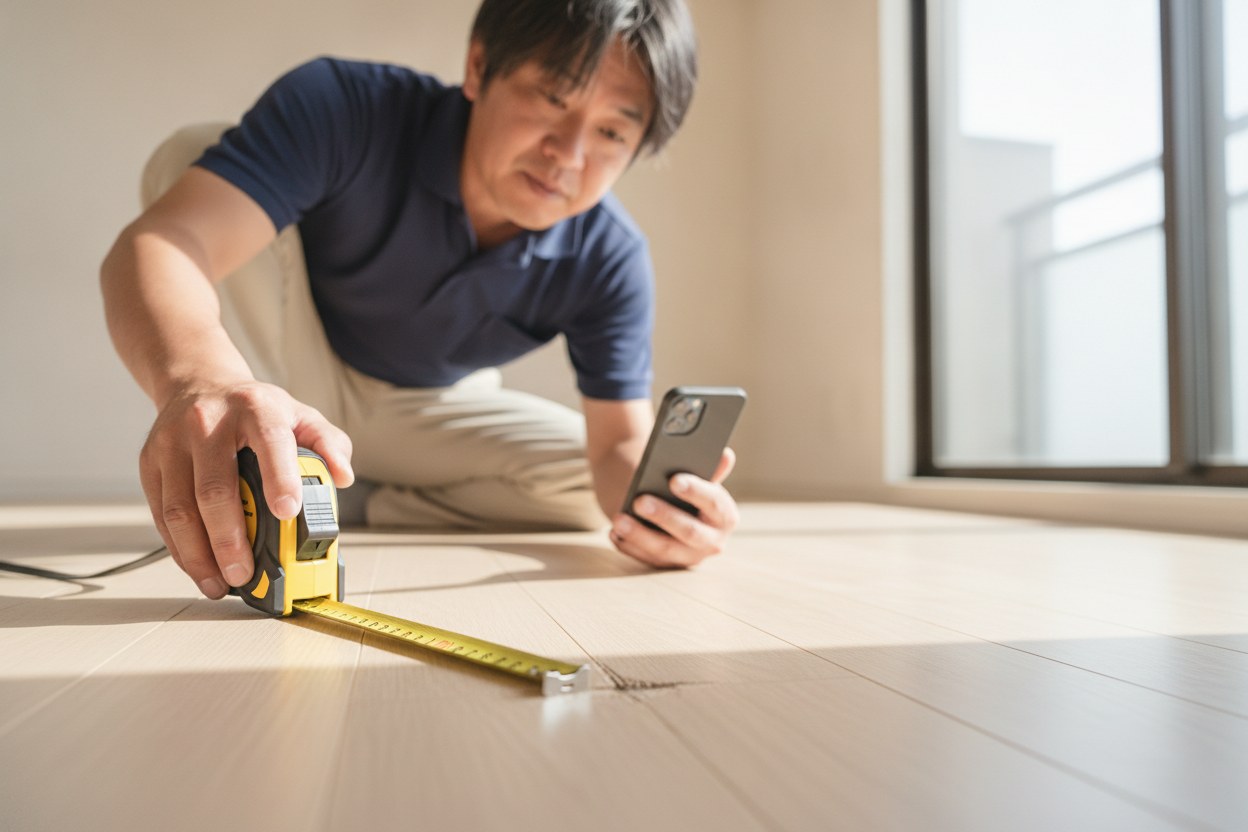 退去立会いで床の傷にメジャーを当てて大きさをスマートフォンで記録する様子