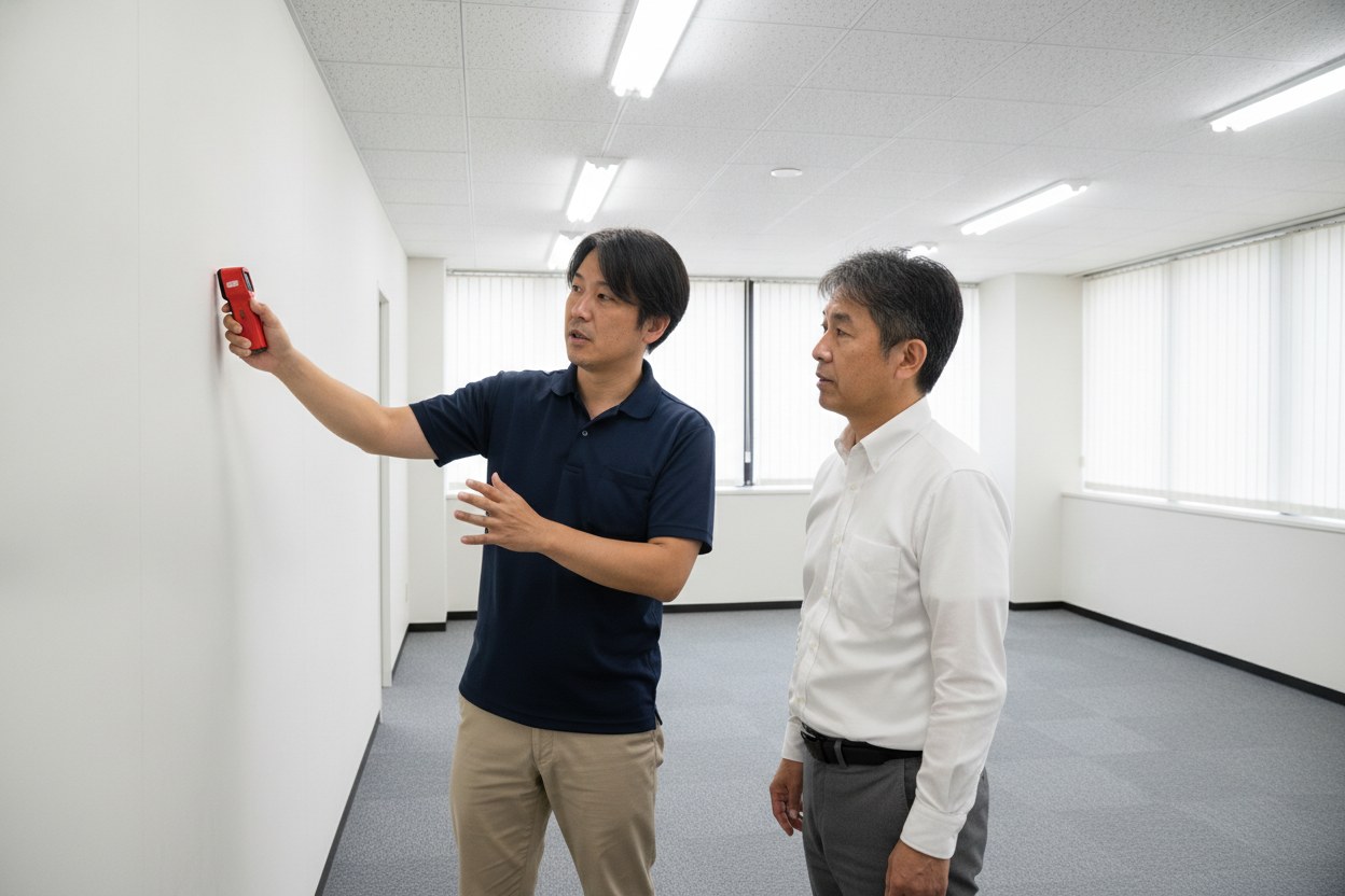 空室の事務所で原状回復の現地調査を行い、オーナーに壁の状態を説明する株式会社LML代表・島田昌幸